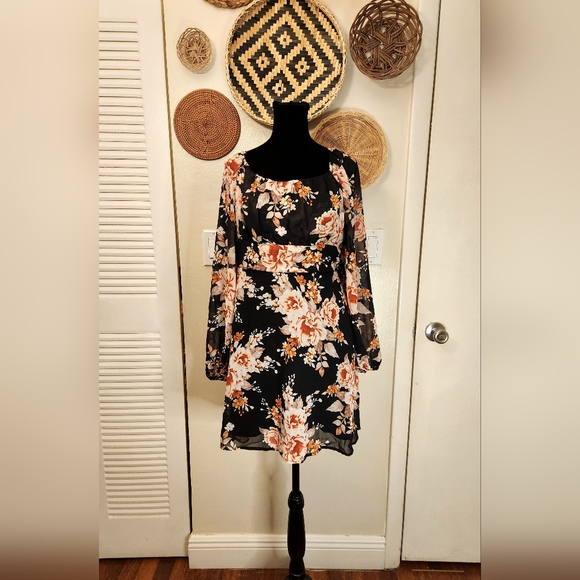 Black Floral Long Sleeve Mini Dress With Tie Back - Picture 6 of 12